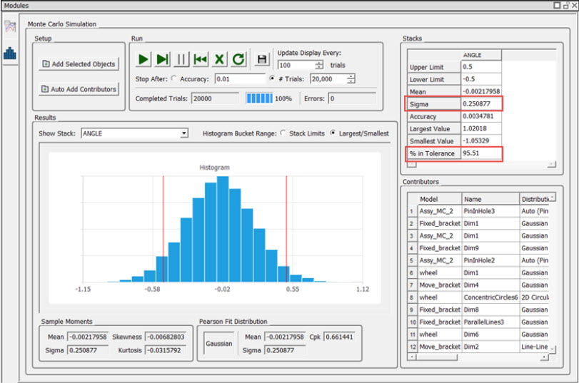 Monte Carlo Simulation stackup analysis example screen.